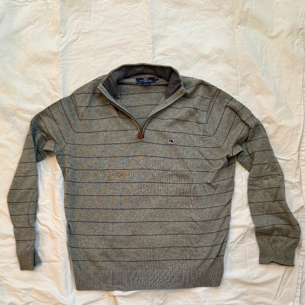 Vineyard Vines Gray Quarter Zip with Navy Stripes Men’s Medium 100% Cotton Pullo